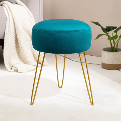 LUE BONA Velvet Round Stool Dressing Table Stool, Makeup Vanity Stool, Ottoman Padded Stool Metal Legs Support, Turquoise Blue