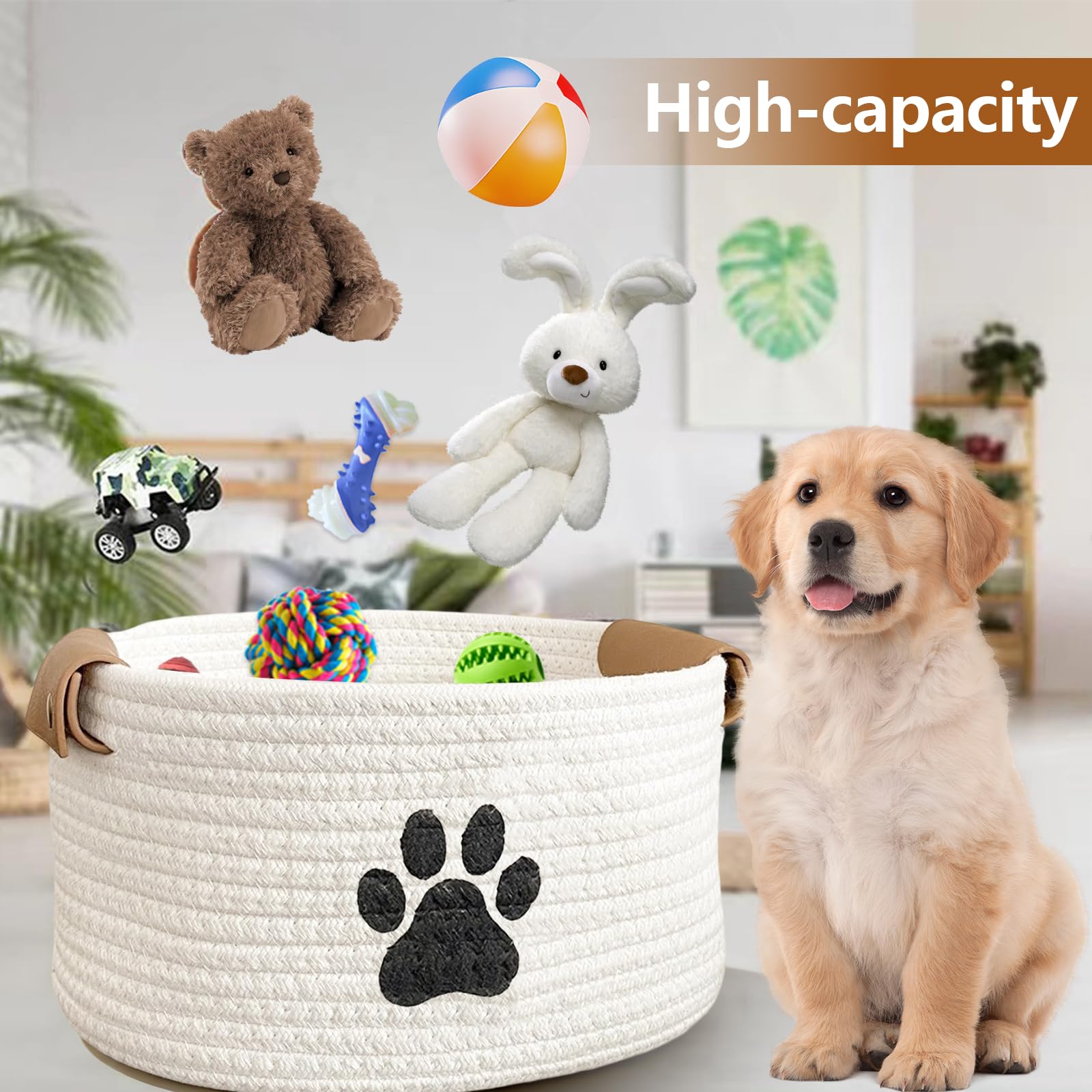 MHYMX Dog Toy Basket, Dog Toy Box 34 X 24 X 21cm Large Pet Toys Storage Boxes Puppy Blanket Basket with Handle Personalised Cotton Rope Organizer