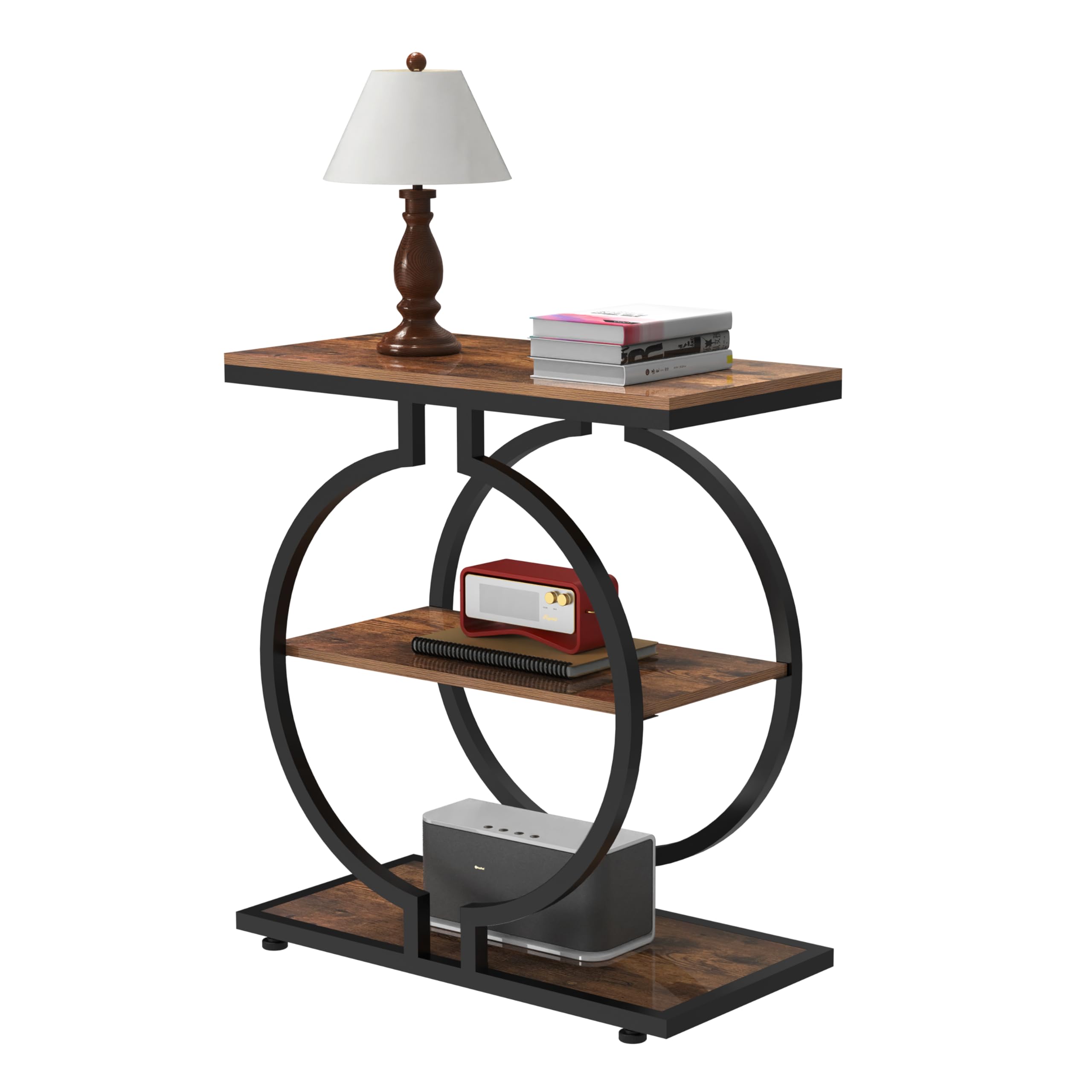 Trironsun Narrow End Table 3-Tier Round Side Table with Geometric O-Shaped Base Industrial Small Sofa Table for Living Room Slim Bedside Table