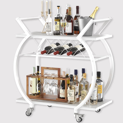 LVB White Drinks Trolley, 2 Tier Rolling Bar Cart, Modern Serving Trolley on Lockable Wheels, Wine Cart with Storage Shelves, Wine Holders