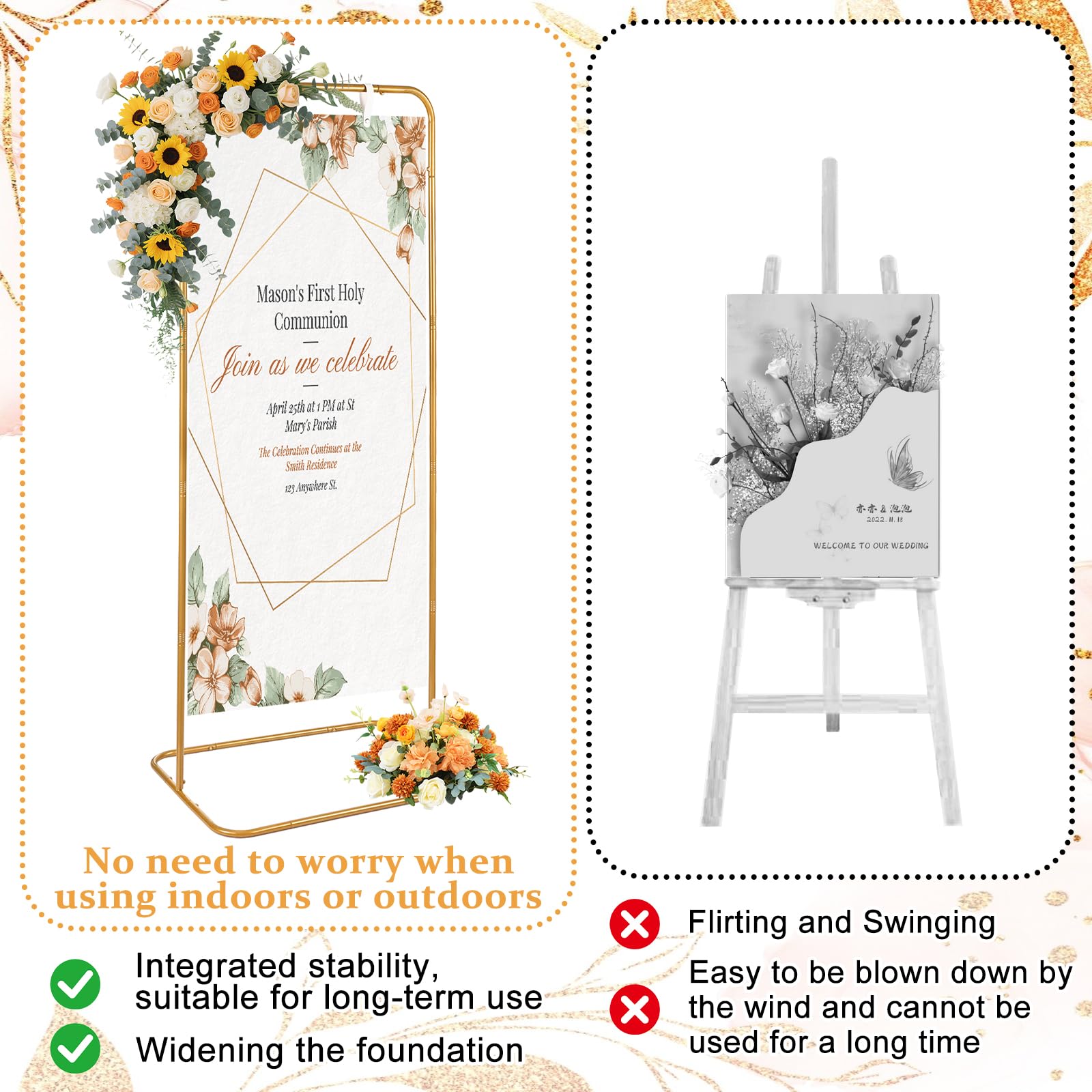 YEXEXINM Wedding Sign Holder Adjustable Height Black Metal Welcome Sign Stand with 4 Leather Hanging Straps Heavy Duty Easel Stand for Seating Charts