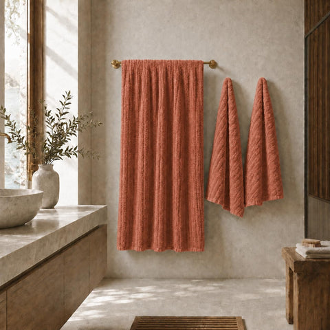 B O S A L O N I Coral Fleece Bath Towel Set 3 Piece Striped - Ribbed Effect - 1 Bath Sheet 70 x 140 cm + 2 Hand Towels 34 x 74 cm