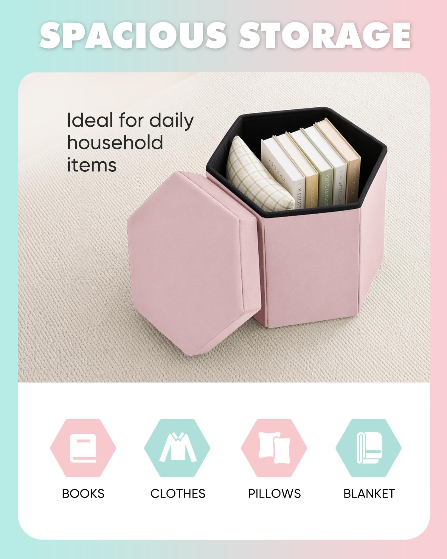 Bonlife Folding Storage Ottoman Hexagonal, Footrest with Toy Ches Box, 43cm