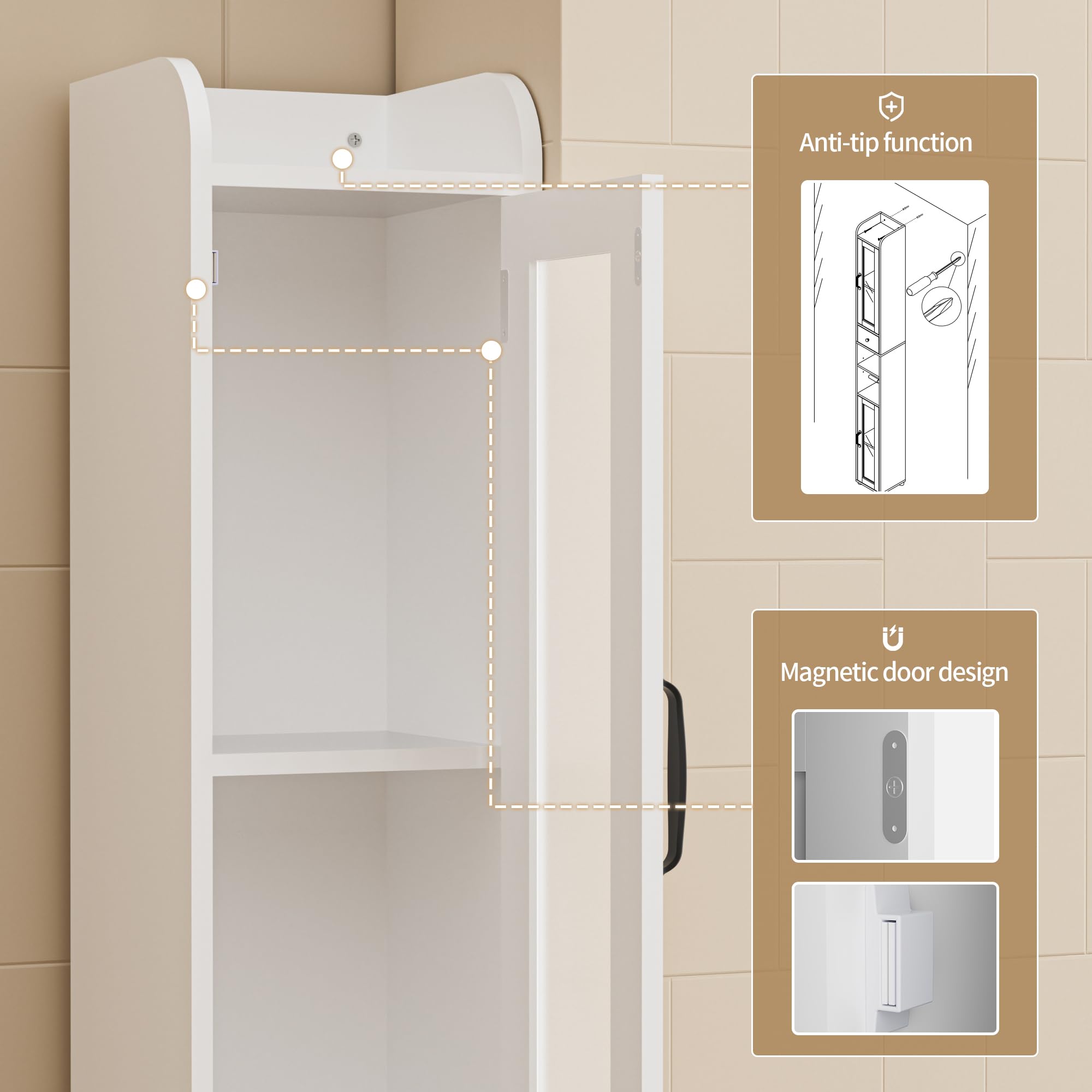 BonVache Tall Bathroom Storage Cabinet, Slim Storage Unit with Adjustable Shelves, Bathroom Shelves Cupboard for Kitchen Hallway Living Room Bedroom
