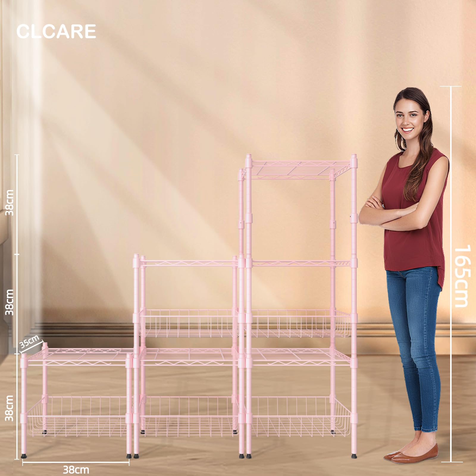 CLCARE Stacking Shelf Adjustable, Stackable & Expandable, Heavy Duty Storage Shelving Unit, Cabinet Organizer Shelf (Pink,1-Tier)