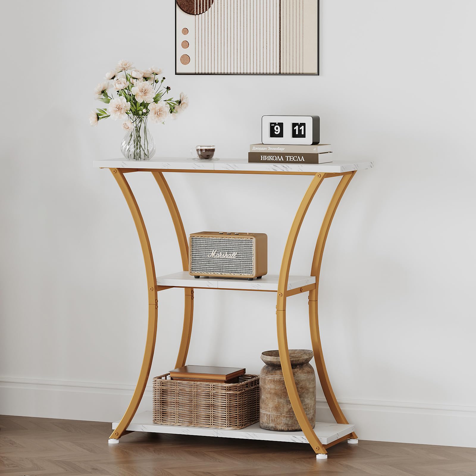 Trironsun Rustic Narrow Console Table with 3 Tiers, Slim Hallway Table with Curved Metal Frame and Open Shelves