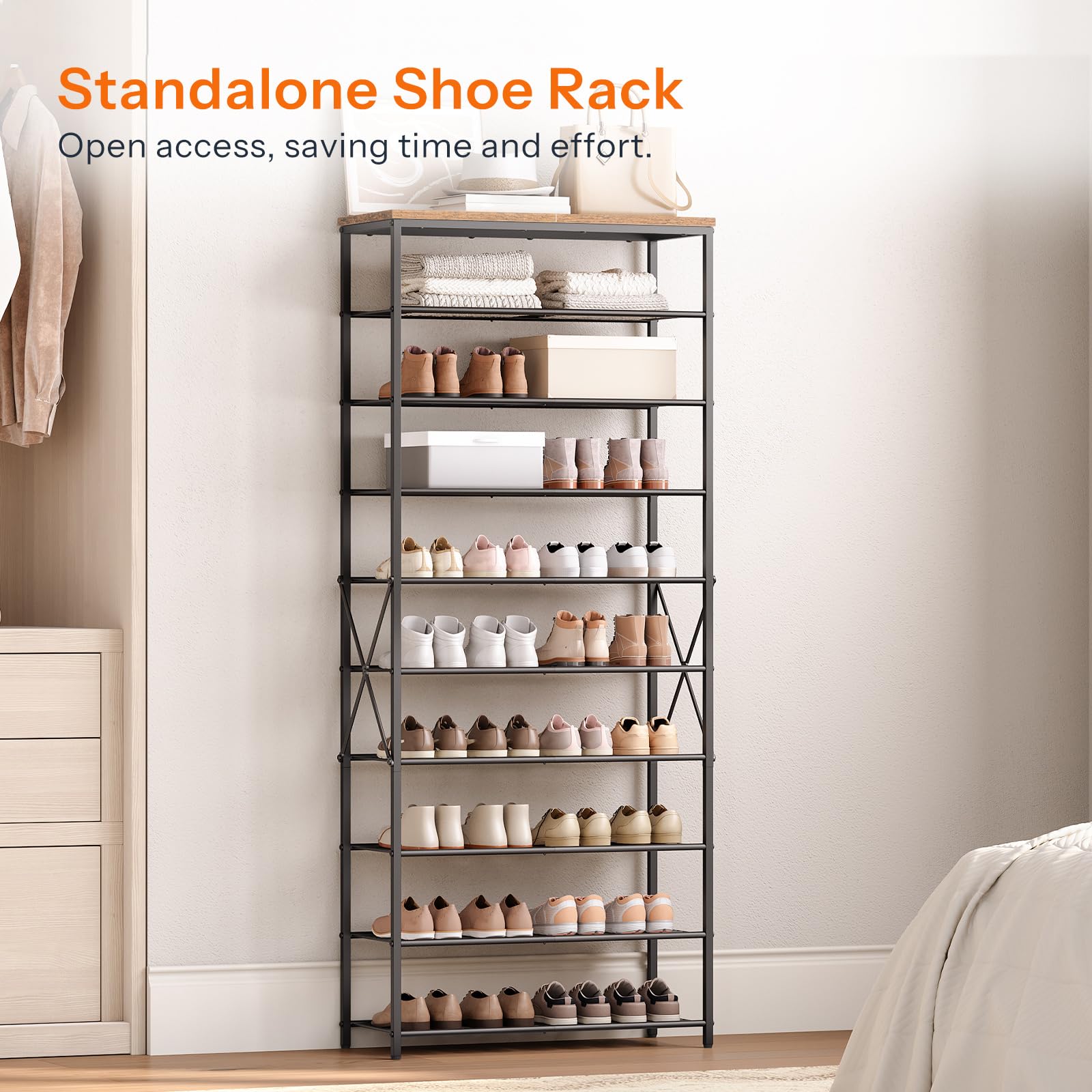 HOOBRO 10-Tier Shoe Rack, Tall Shoe Rack Storage, Large Capacity Shoe Organizer, Tall Shelf, Industrial Storage Rack, Adjustable Metal Mesh
