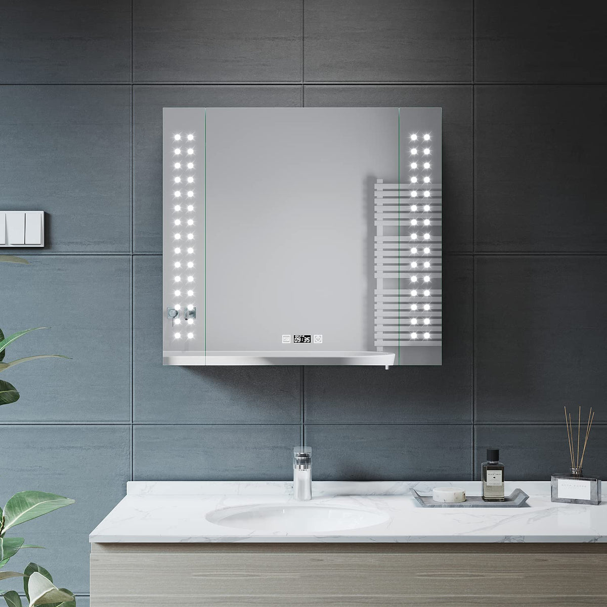 ELEGANT 650 x 600mm LED Illuminated Bathroom Mirror Cabinet with Shaver Socket, Stainless Steel Bathroom Wall Storage Mirror Cabinet with Dot Lights