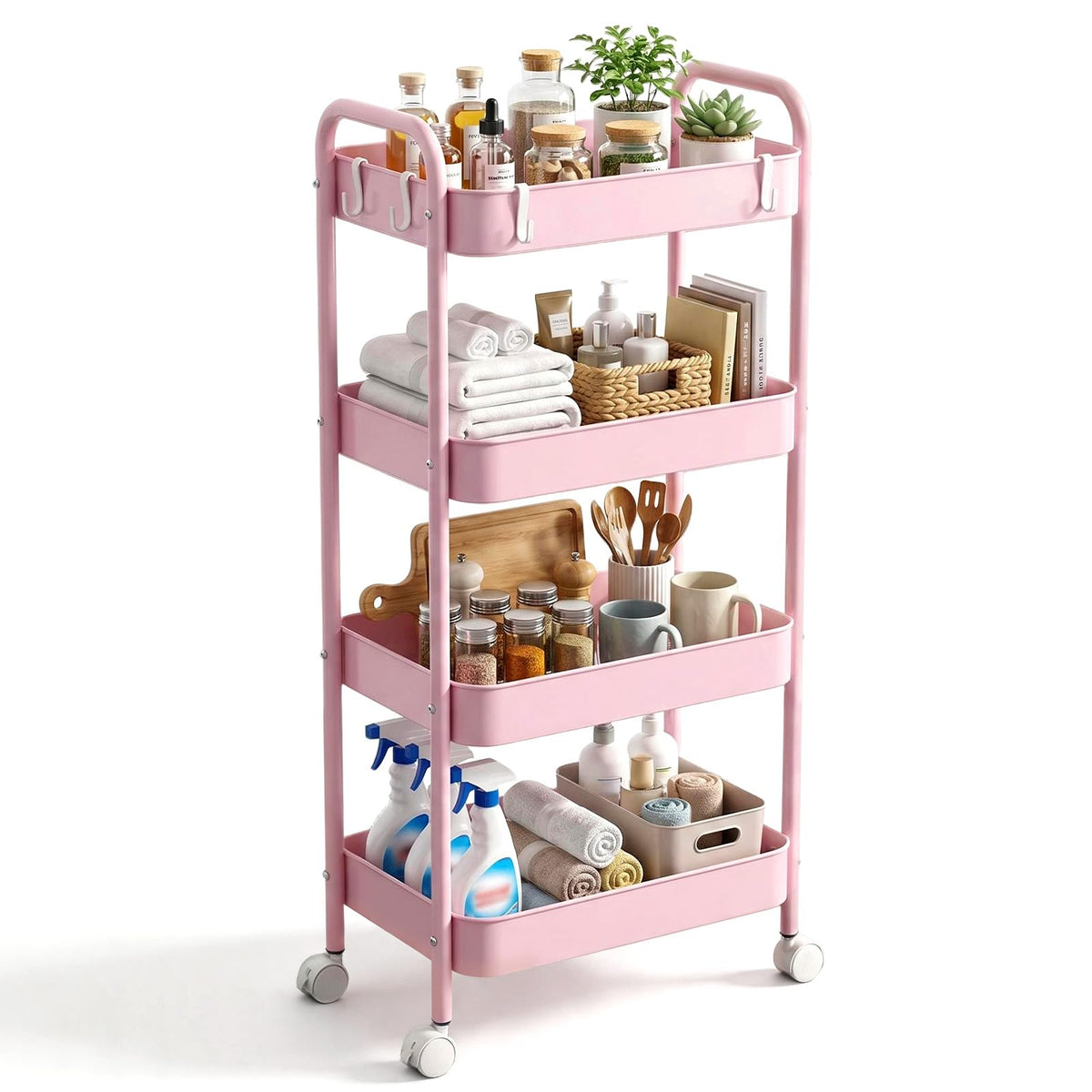 CHUNGG Bathroom Storage 4 Tier Beauty Trolley on Wheels, Mobile Kitchen Trolley with Hooks & Handle, Metal Rolling Utility Cart for Home