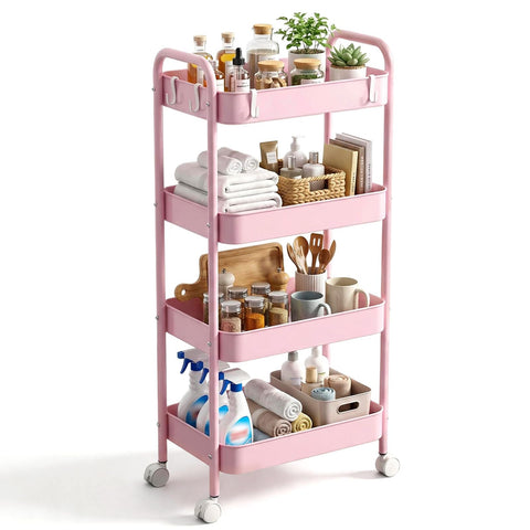 CHUNGG Bathroom Storage 4 Tier Beauty Trolley on Wheels, Mobile Kitchen Trolley with Hooks & Handle, Metal Rolling Utility Cart for Home
