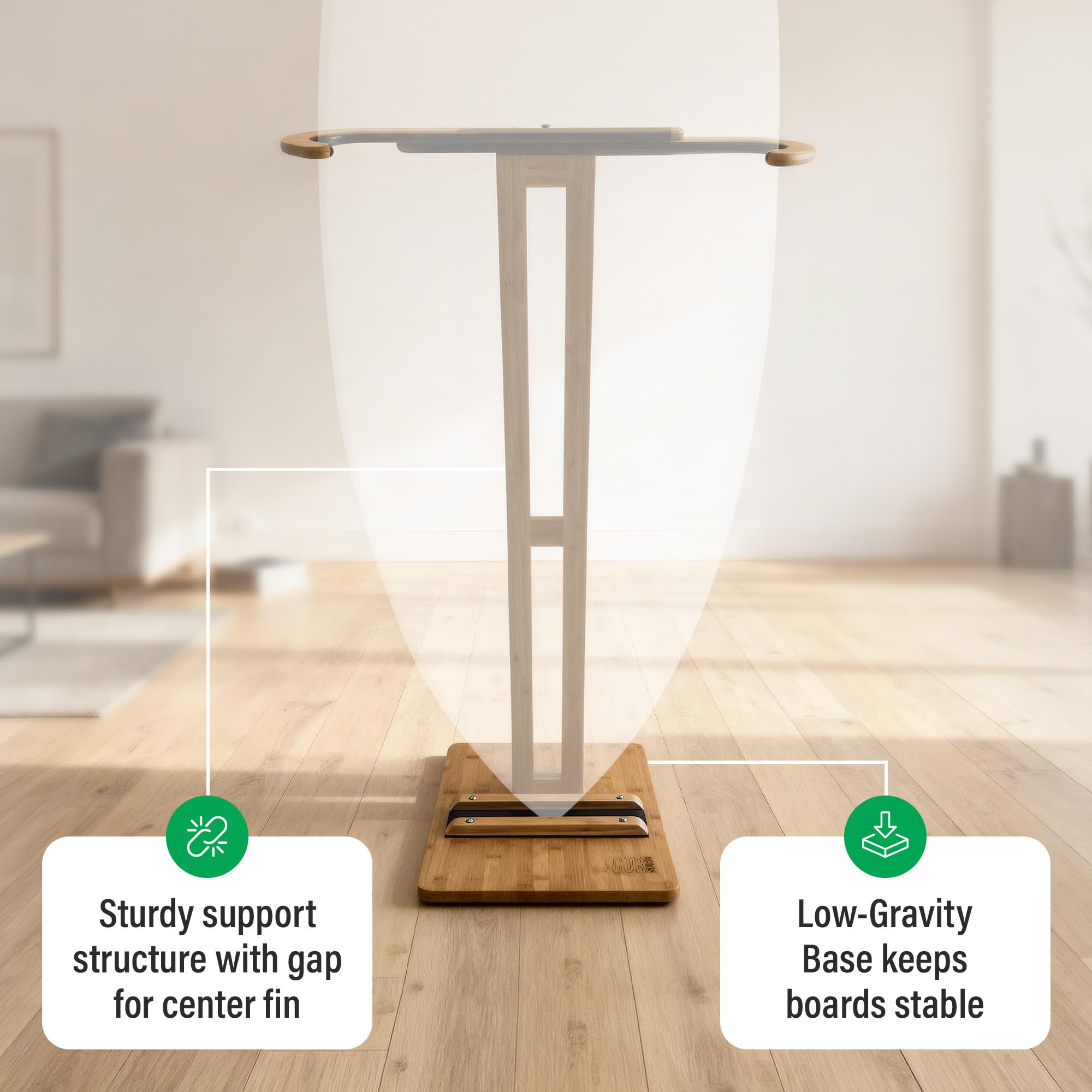 COR Surf Bamboo Surfboard Stand | Premium Standing Rack to Display Your Board