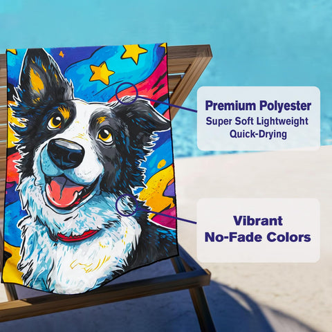 Violetpos Starry Border Collie Beach Towel for Dog Lovers, Extra Large 180x90 cm 250GSM Microfibre, Sand Free Quick Dry