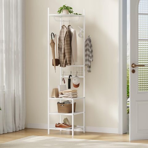 HOOBRO Corner Coat Stand, Coat Stands for Hallway, Freestanding Coat Rack with 5 Hooks and 4 Shelves, Clothes Rail with Hanging Rail, S-Hooks