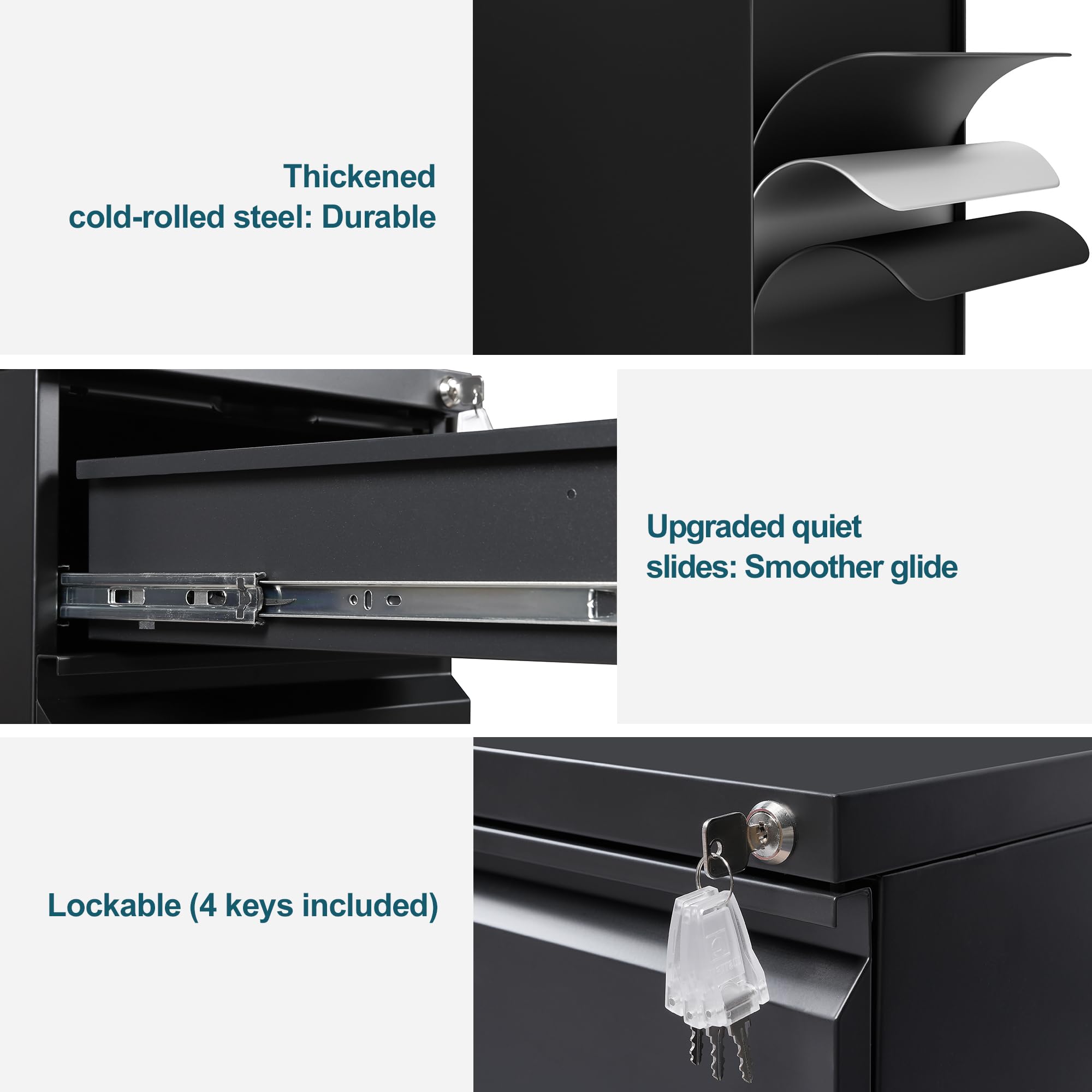 LVSTEEL Mobile Filing Cabinet, Under Desk 3-Drawer Lockable Cabinet with Wheels, Filing Cabinets for Home Office, Pre-Assembled, Black