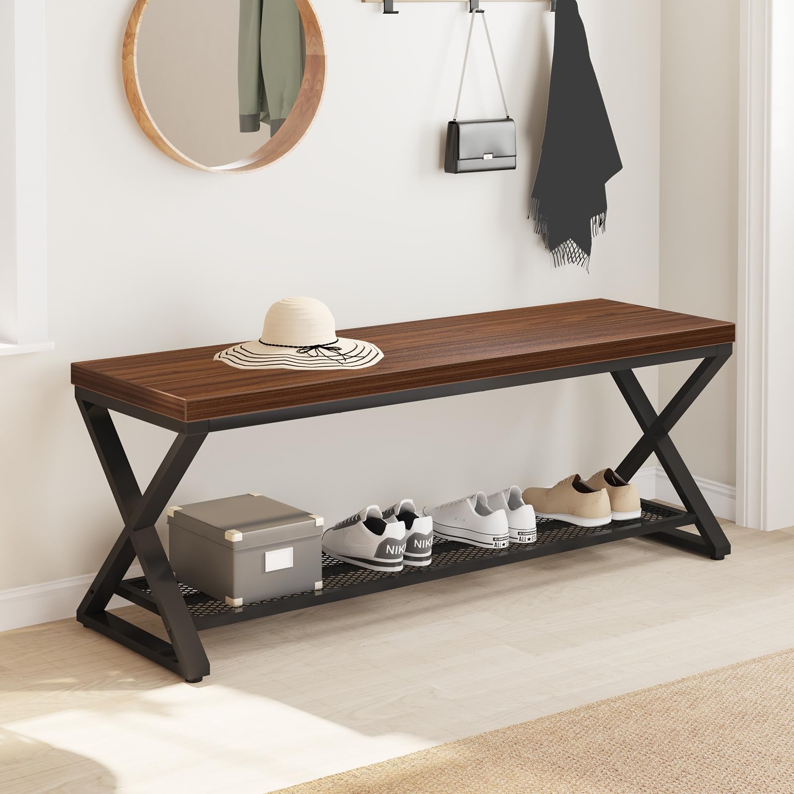 LVB Entryway Shoe Rack with Storage, Wood and Metal Indoor Bench for Entrance, Long Wooden Hallway Bench with Seating for Living Room