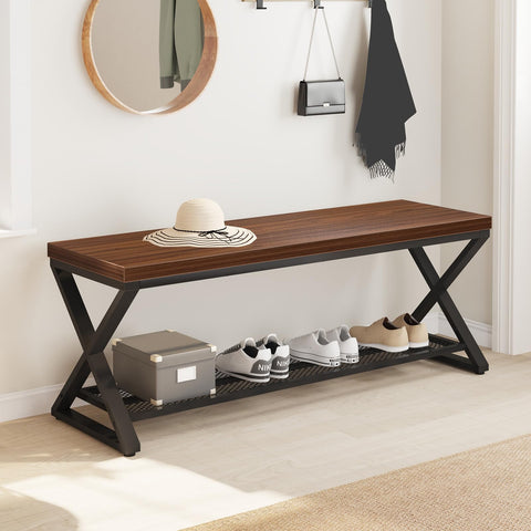 LVB Entryway Shoe Rack with Storage, Wood and Metal Indoor Bench for Entrance, Long Wooden Hallway Bench with Seating for Living Room