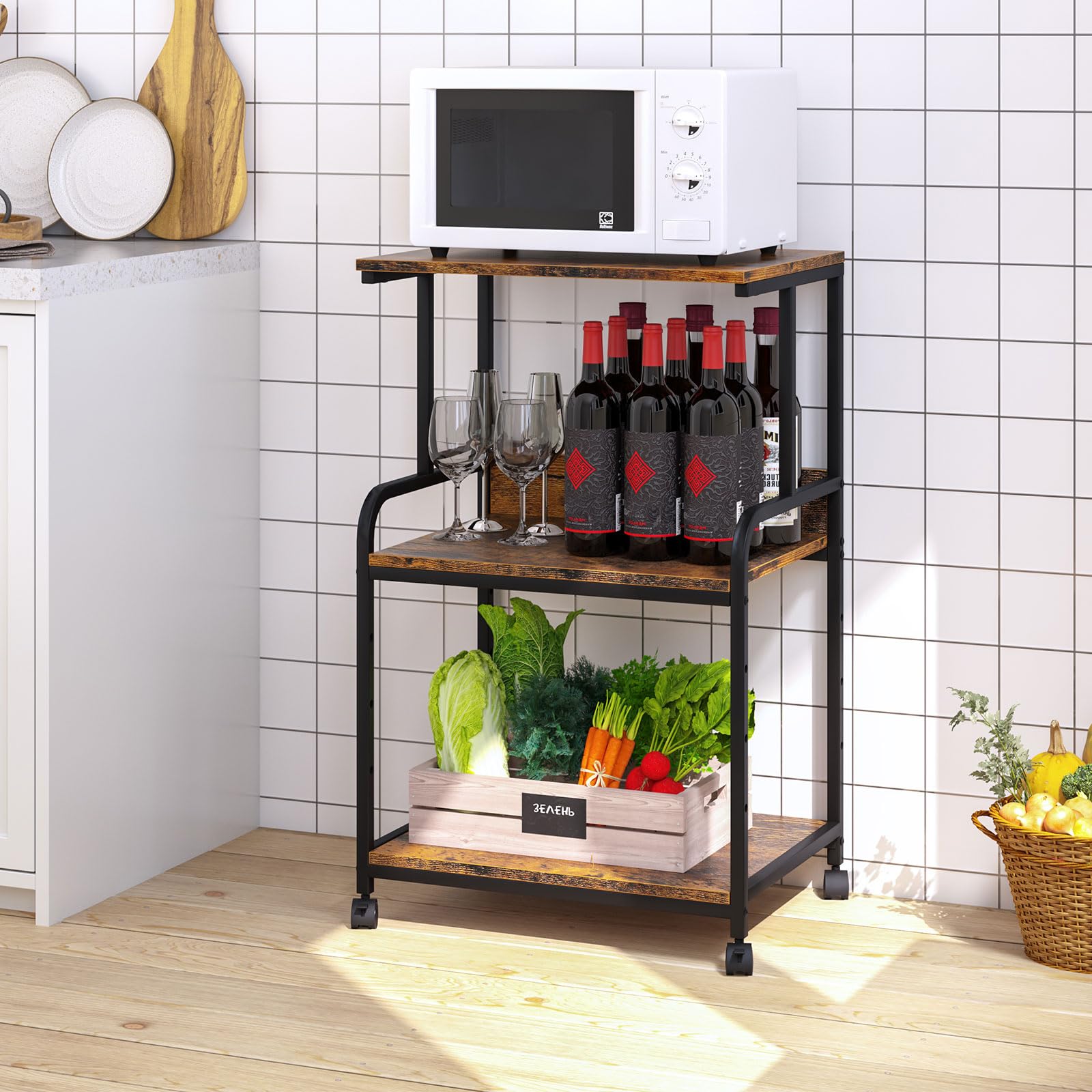 3-Tier Printer Stand, Large Printer Table on Wheels, Movable Printer Stand with Storage, Rolling Printer Cart for Fax Scanner Files Media Player