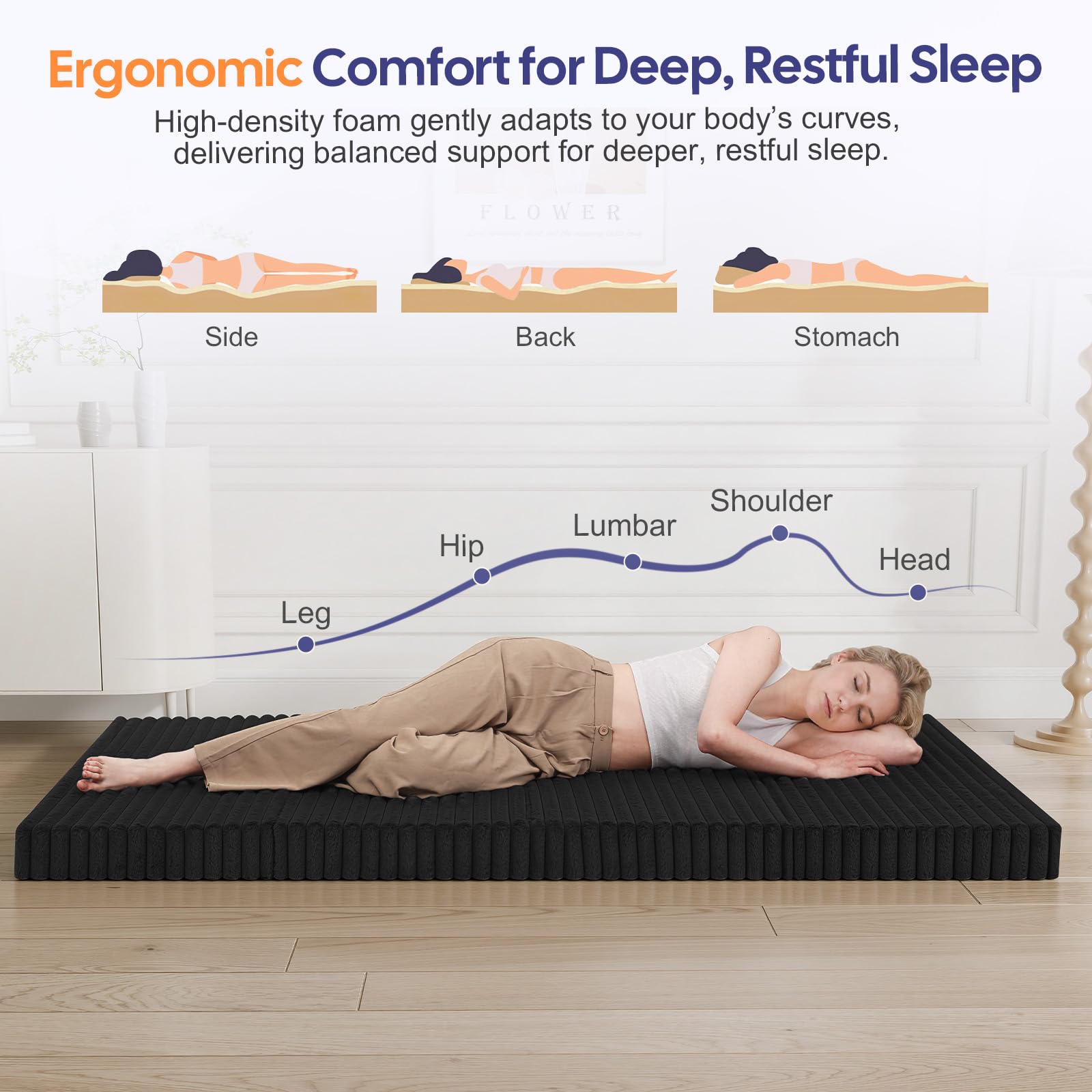 MeMoreCool Folding Floor Mattress 190x135cm, 4-Fold Foam Guest Bed, Black