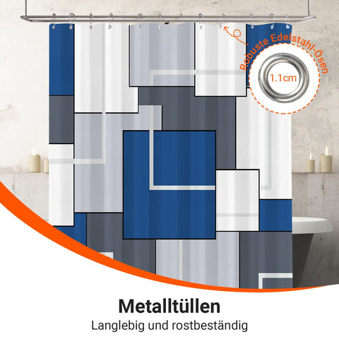 Shower Curtain with Metal Shower Curtain Rings, 180 x 200 cm, Squares, Navy Blue, Weighted Hem, Anti-Mould Textile, Water-Repellent