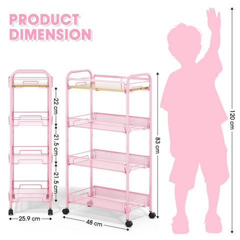 KINGRACK 4-Tier Rolling Cart with Wooden Tabletop & Mesh Baskets, Slide Out Metal Utility Cart