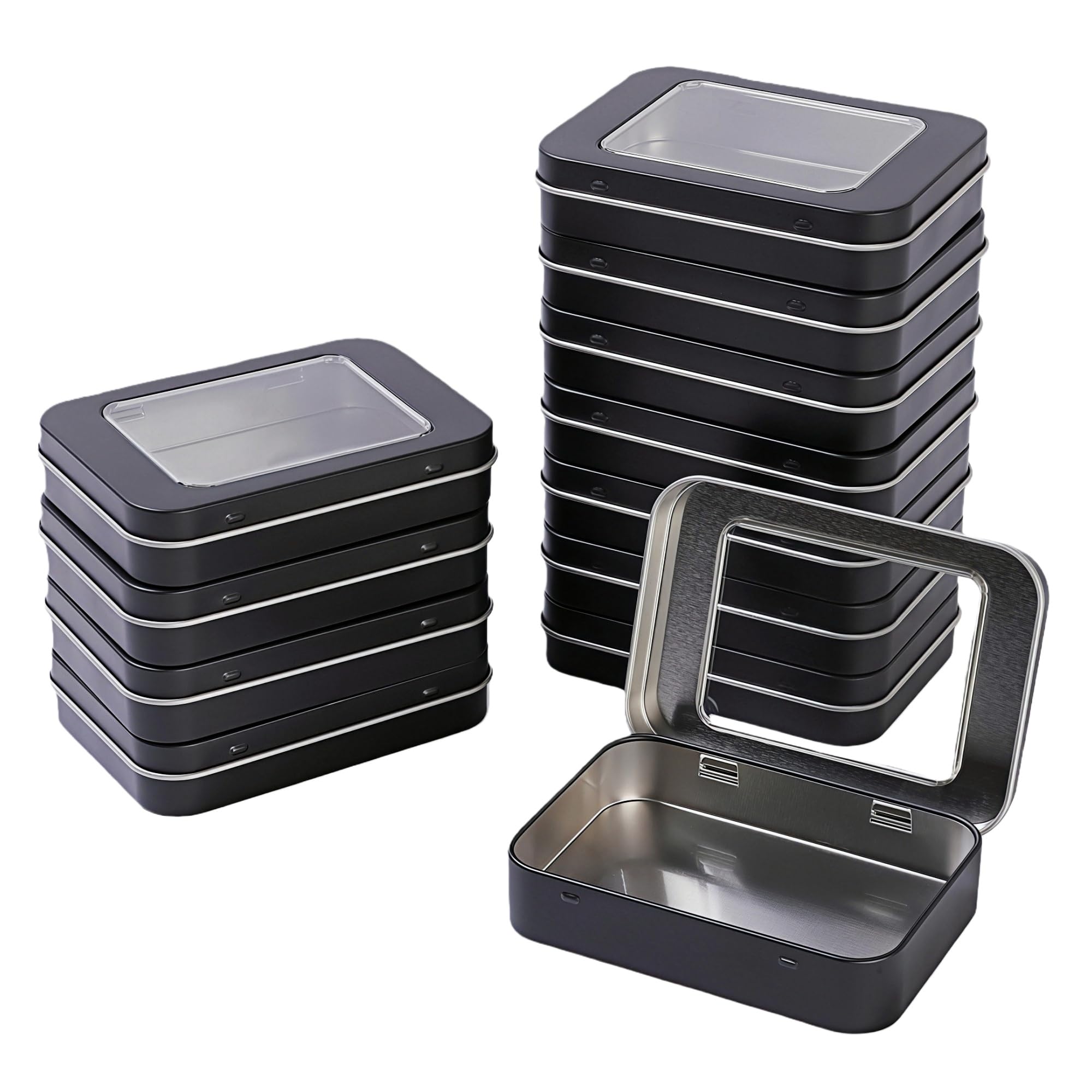 LJY Black Window Hinged Metal Tins, 12 Pack, 3.9 x 2.8 x 0.8 in