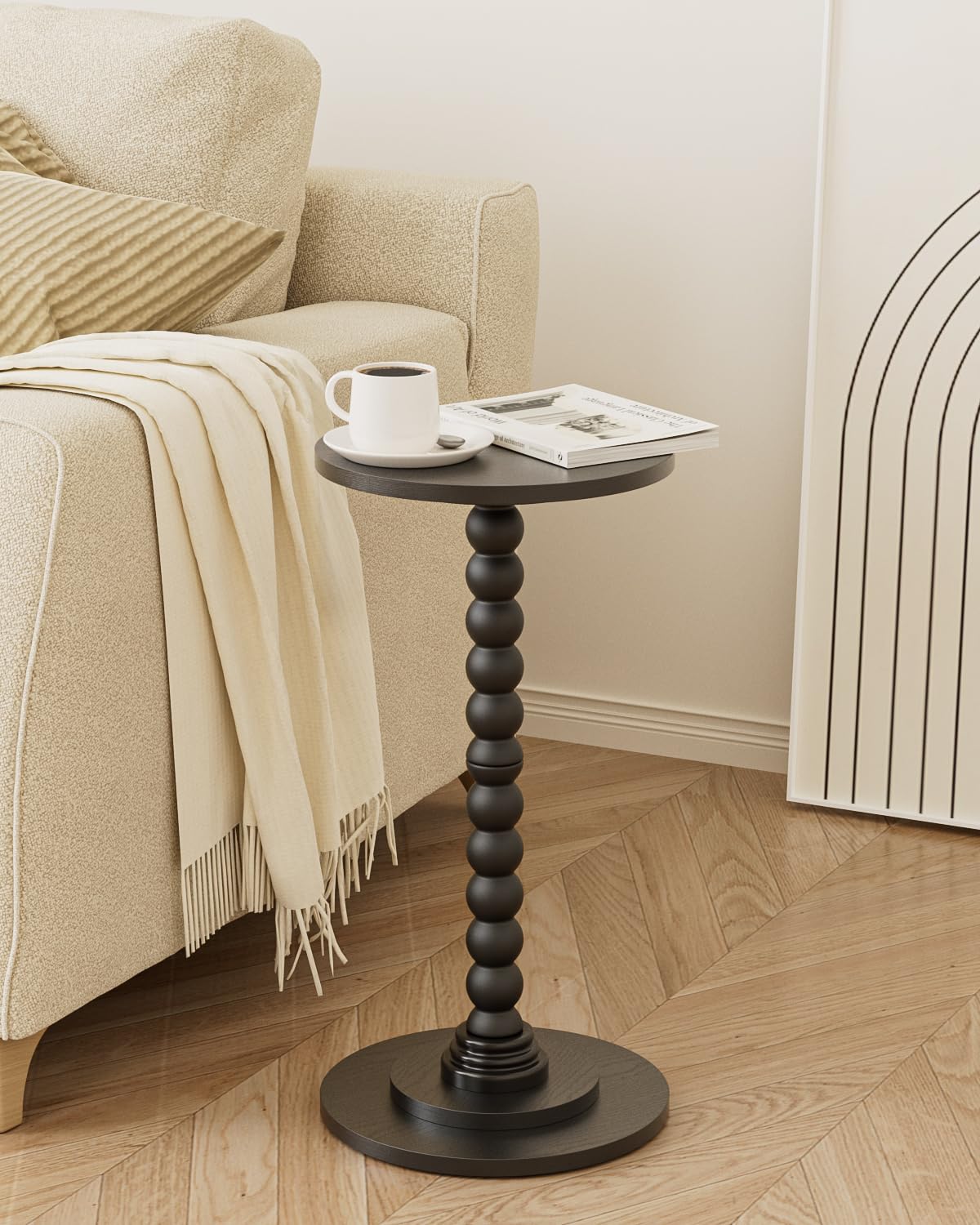 Apetaccat Round Side Table, Drink End Table with Solid Wood Leg, Small Side Tables for Living Room, Bedroom, Study, Black