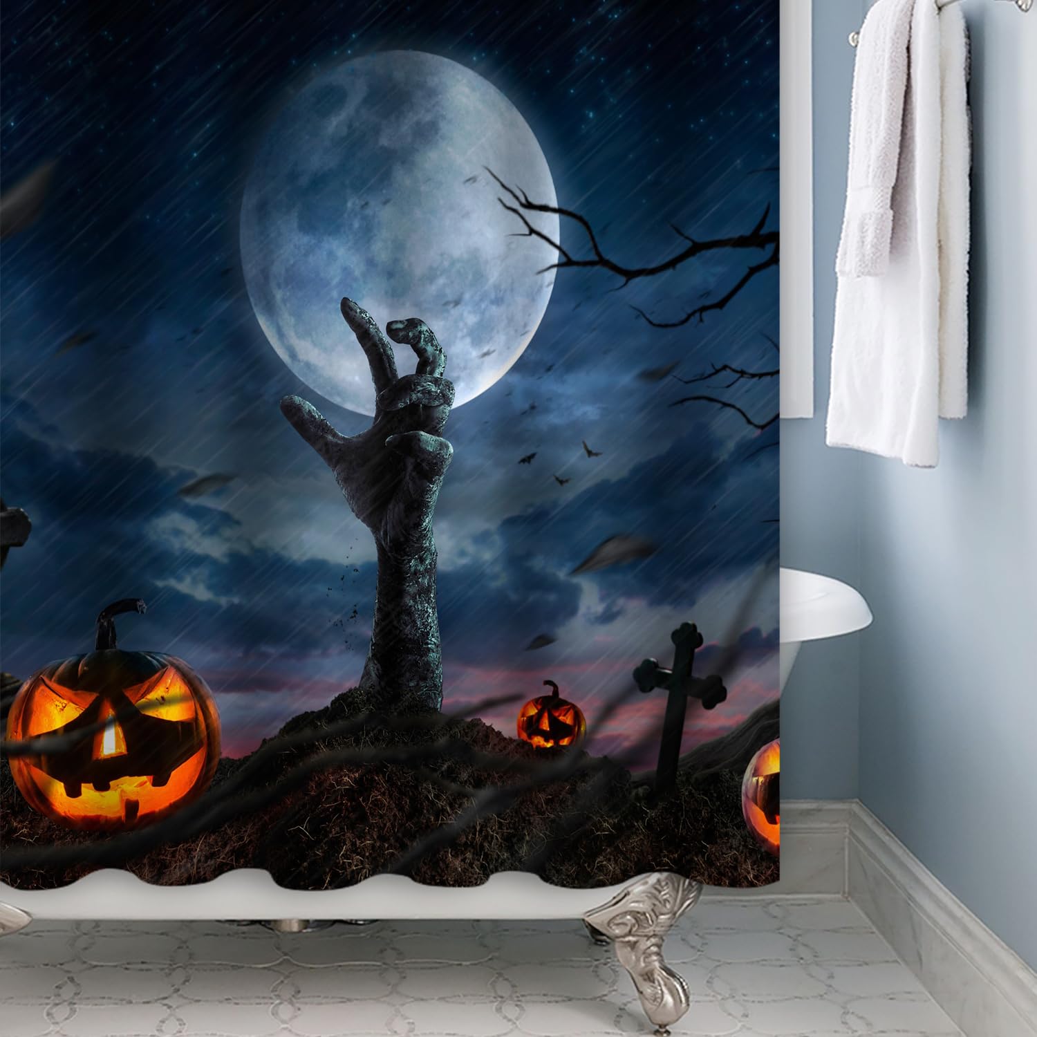 SDOTPMT 140x180cm Halloween Themed Shower Curtain Horror Haunted Hand Pumpkin Lanterns Bath Curtain Creepy Night Moon Bathtub Curtain for Bathroom