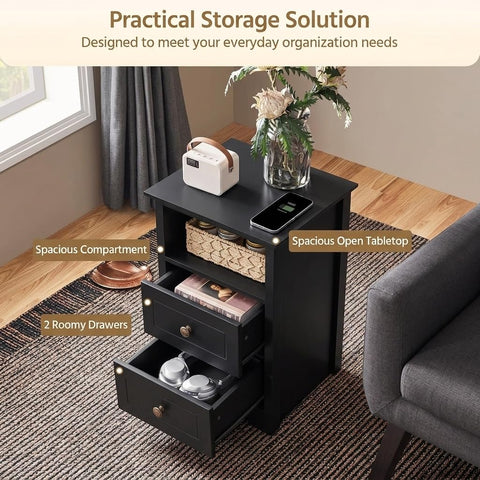Yaheetech Bedside Table with 2 Drawers and Open Shelf, Black