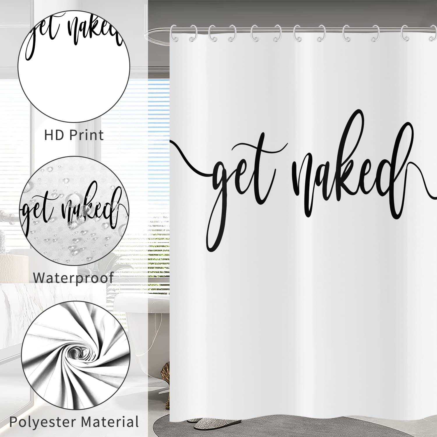 Hnmdmyi White Shower Curtain 180x180, Black Art Font Words Get Naked Shower Curtains Funny Quotes Beautiful and Cool Bathroom Curtains Waterproof