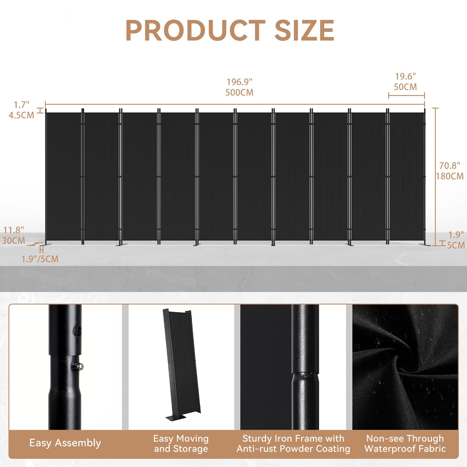 C-Hopetree 10 Panels 6 Ft Room Divider and Folding Privacy Screen, Indoor Fabric Portable Partition and Separation Wall for Home