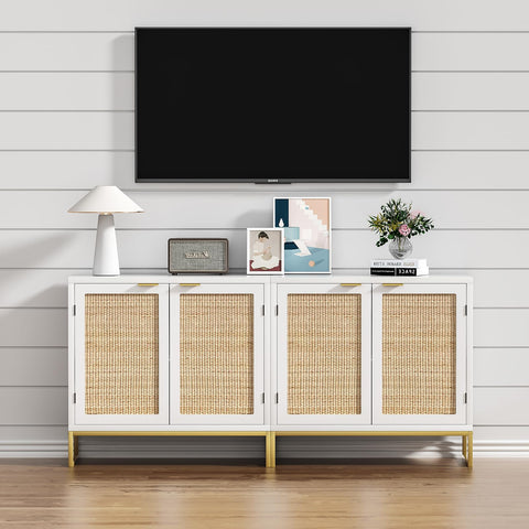 Skokliz Rattan Cabinet with Doors, White Sideboard Buffet Storage Cabinet with 2 Doors Kitchen Sideboard Furniture with Natural Rattan