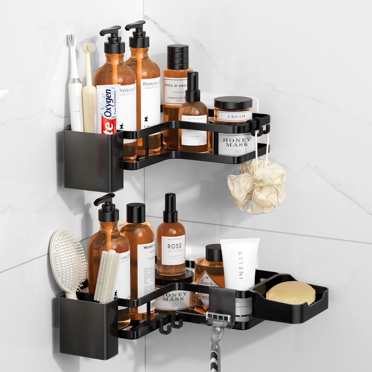 Shower Shelf No Drilling 2 Pieces Corner Shower Shelf Bathroom Shelf Black Shower Gel Holder with 2 Plastic Toothpaste Holders and 4 Removable Hooks
