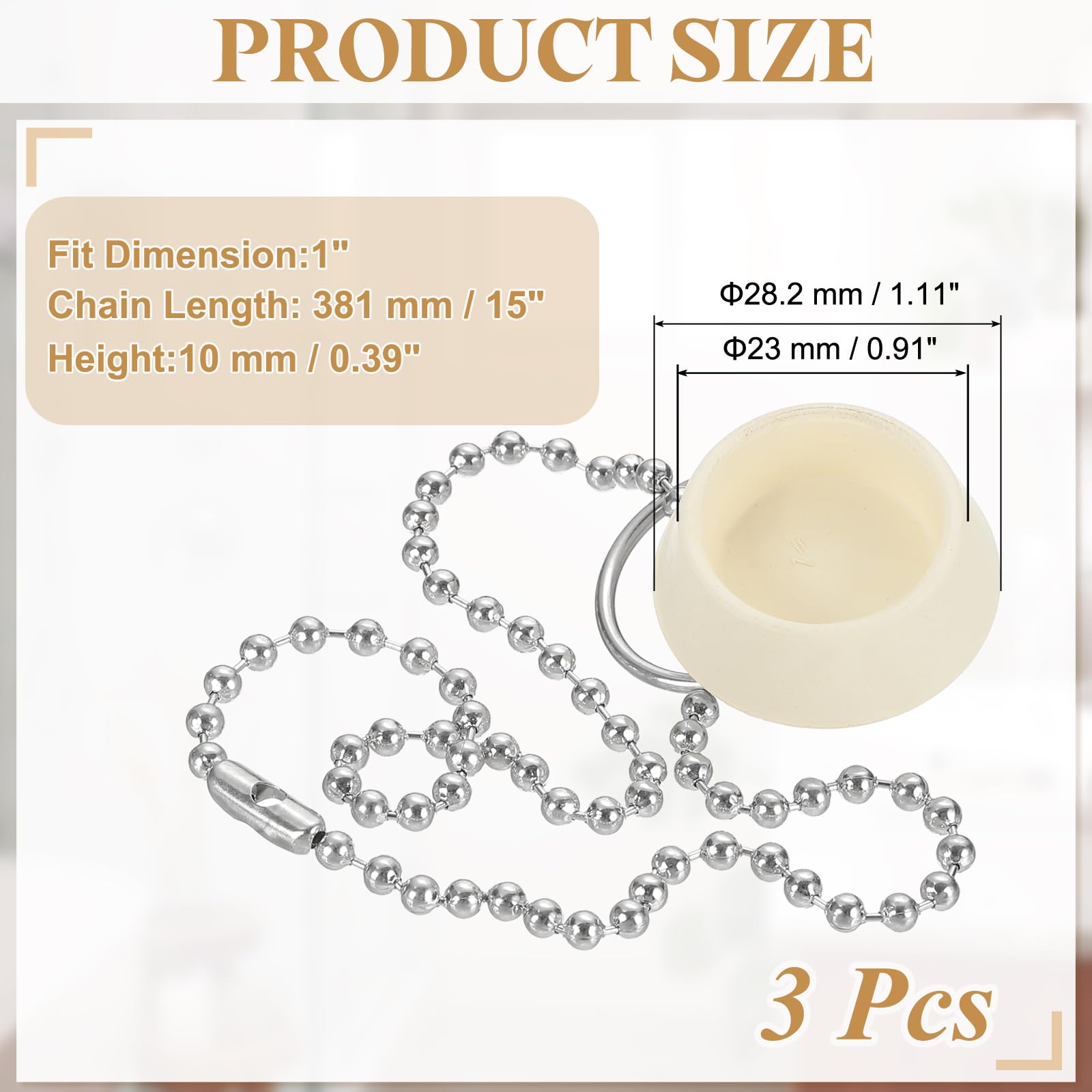 PATIKIL Tub Drain Stopper, 3Pcs for 1" Rubber Bath Tub Drain Sink Stopper with Pull Ring Stainless Steel Beaded Chain for Kitchen Sink Bathroom