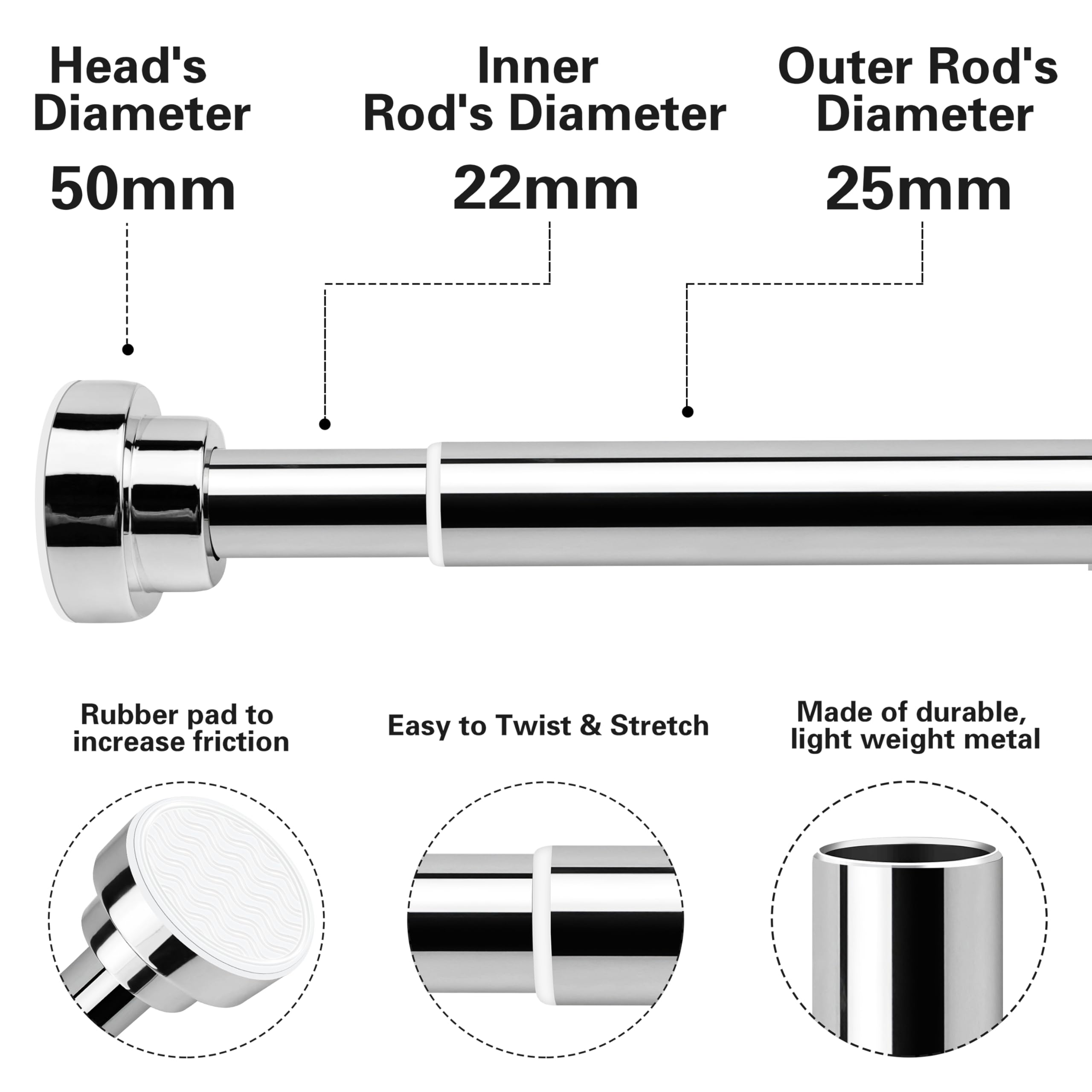 Stainless Steel Extendable Shower Curtain Rod Tension Pole (72cm-130cm),including 2 Holders,Net Voile Curtains Rail,Adjustable Telescopic Rods