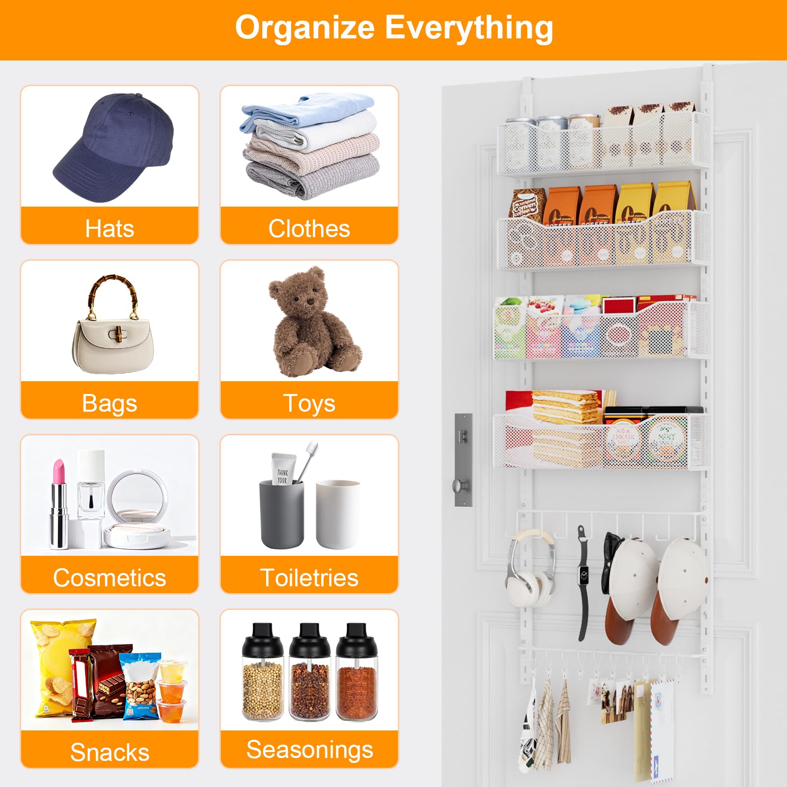 Over the Door Organizer, 2 in 1 Metal Hanging Closet Organizer & Hat Rack with 4 Adjustable Baskets, 8 Hooks, 10 Clips