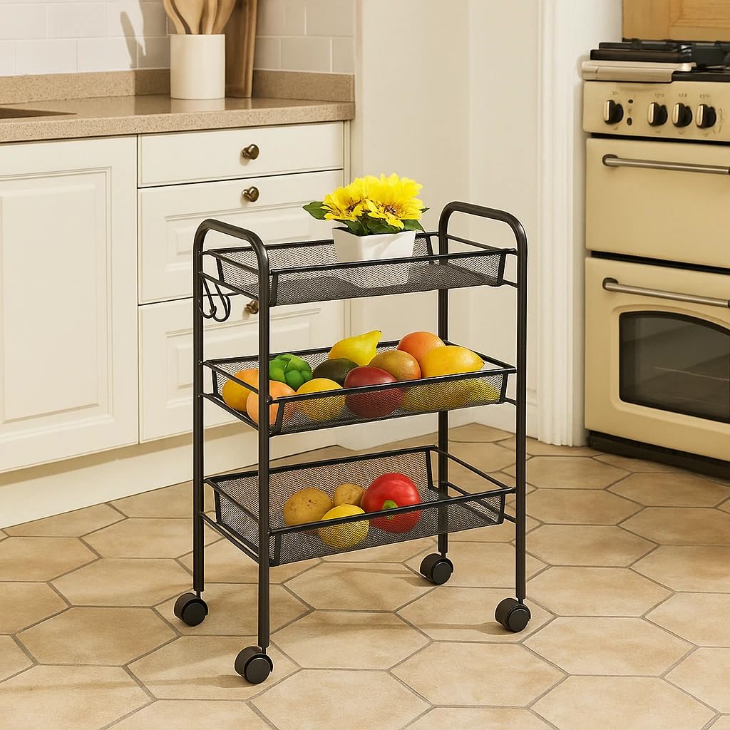 CELINO making your day 3 Tier Kitchen Storage Trolley Cart on Wheels – Metal Mesh Fruit Vegetable Basket Rack Organizer Unit with Side Hanging Hooks