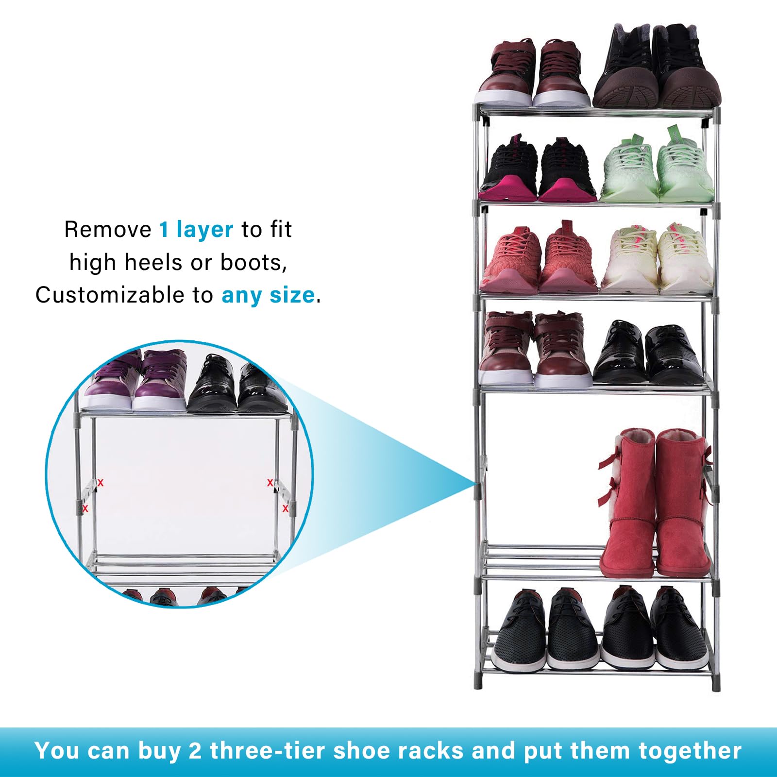 huipinghu Stackable 3 Tier Slim Shoe Rack - Space Saving Footwear Storage Organiser with Quick Assembly - Grey, for Hallway & Bedroom
