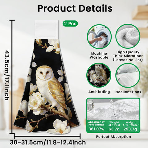 CUTHOLLOW 2 Pcs Owl and White Magnolia Hanging Kitchen Towels with Loop