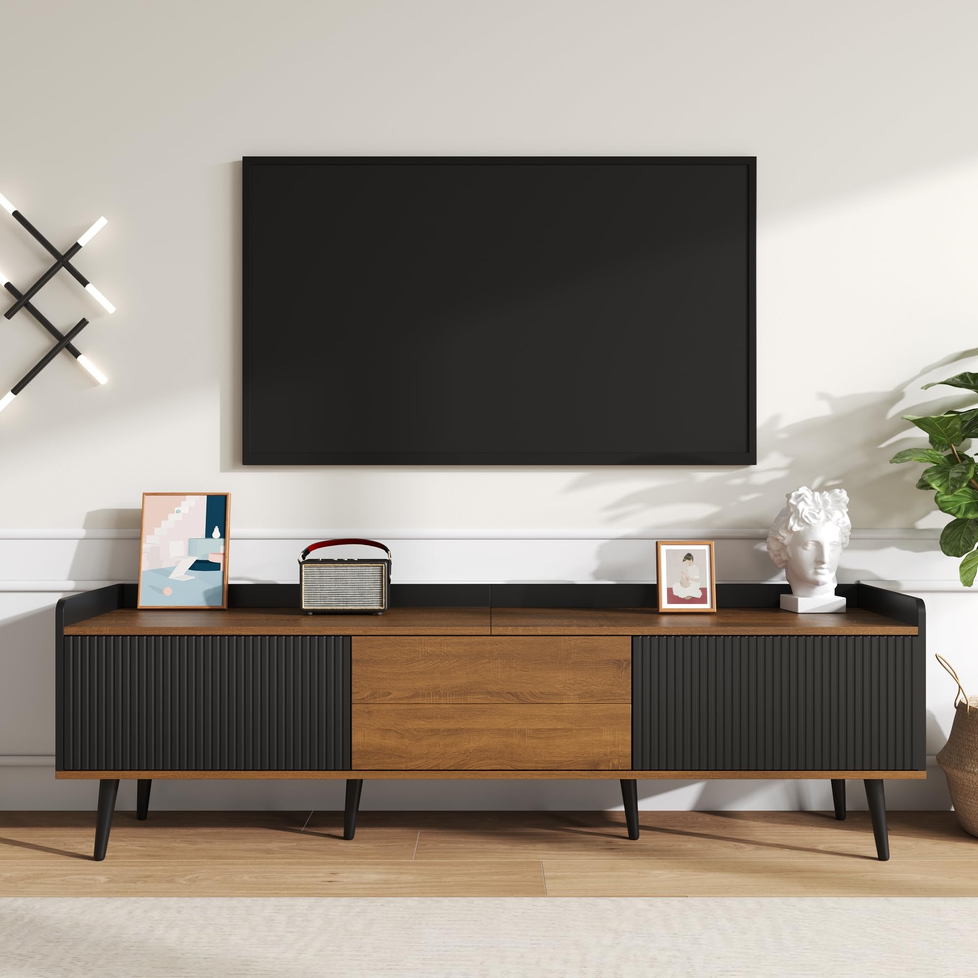 Ball & Cast TV Cabinet TV Stand Compact Media Unit with Raised Edge, Striped Doors & Solid Wood Legs 160 × 39 × 49.5 cm - Black & Natural Wood