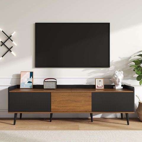 Ball & Cast TV Cabinet TV Stand Compact Media Unit with Raised Edge, Striped Doors & Solid Wood Legs 160 × 39 × 49.5 cm - Black & Natural Wood