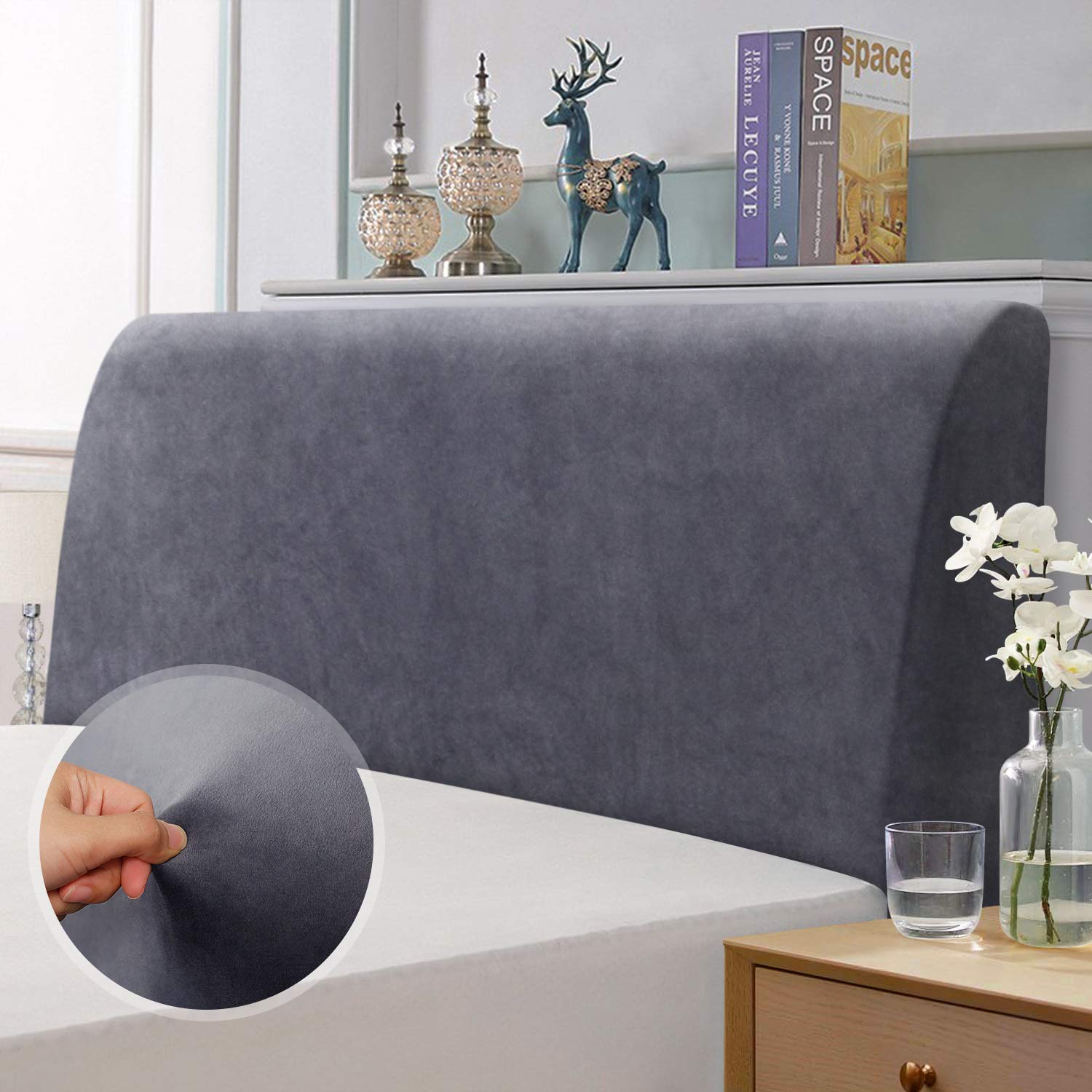 TAOCOCO Bed Headboard Covers, Headboard Covers for Double Bed/Small Double,Velvet All-inclusive Elastic Headboard Protection Cover,Grey Headboard