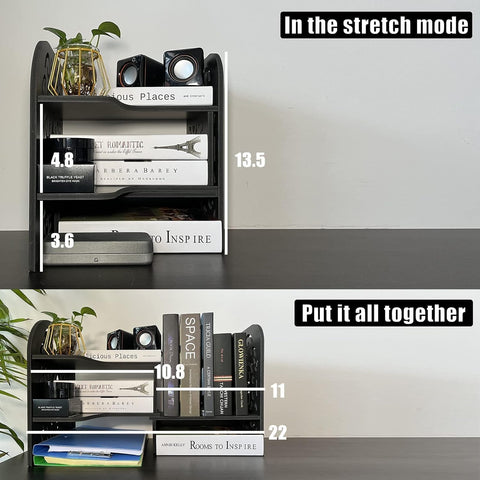 DoToGo Desk Shelf Organizer, Deskop Bookshelf for Small Space Adjustable Expendable for Office, Home, Kitchen (black-wanqu-lk)