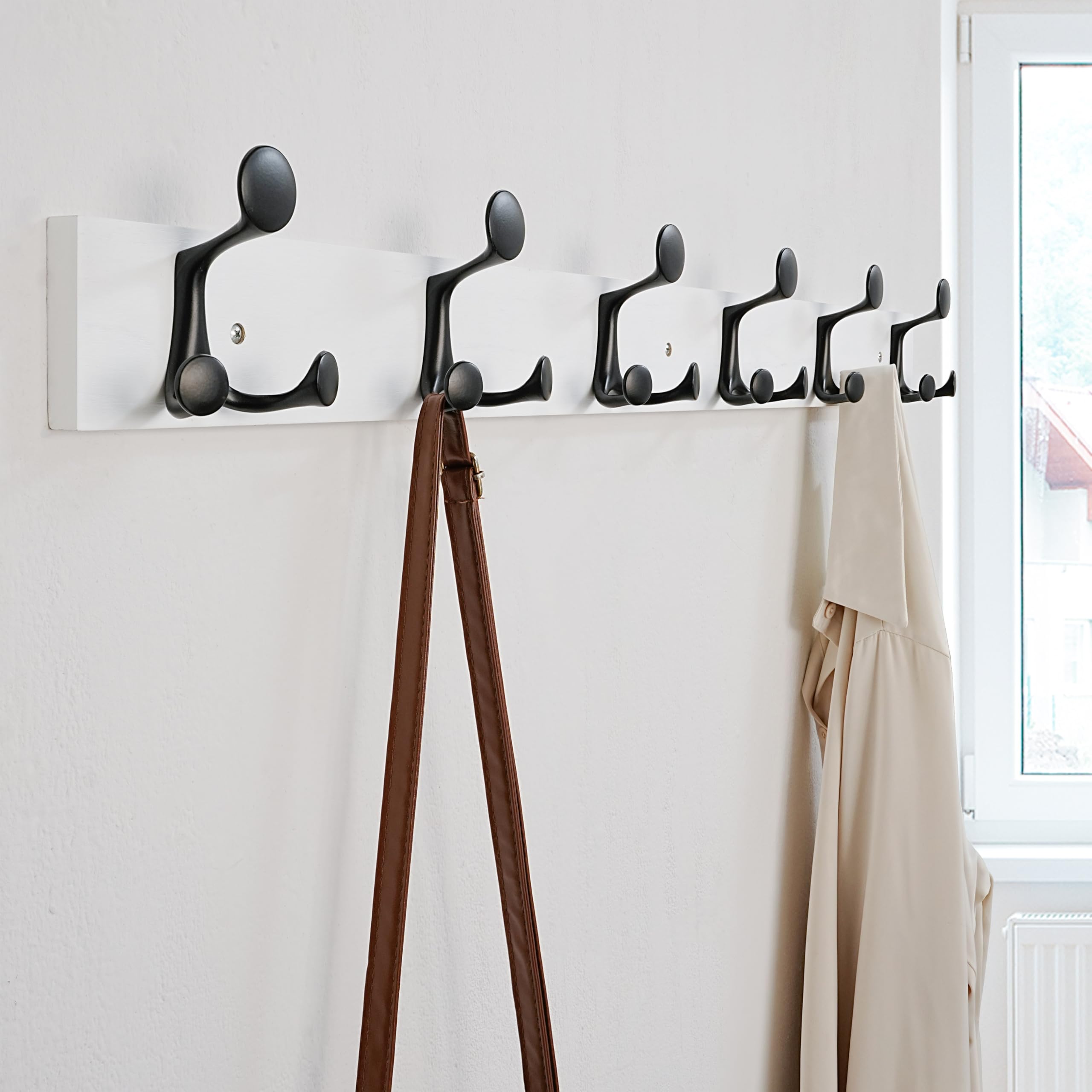 SKOLOO 99cm White Wood Coat Rack Wall Mount with 6 Triple Hooks - Ideal for Family Entrances, Classrooms, and Pet Supplies Storage