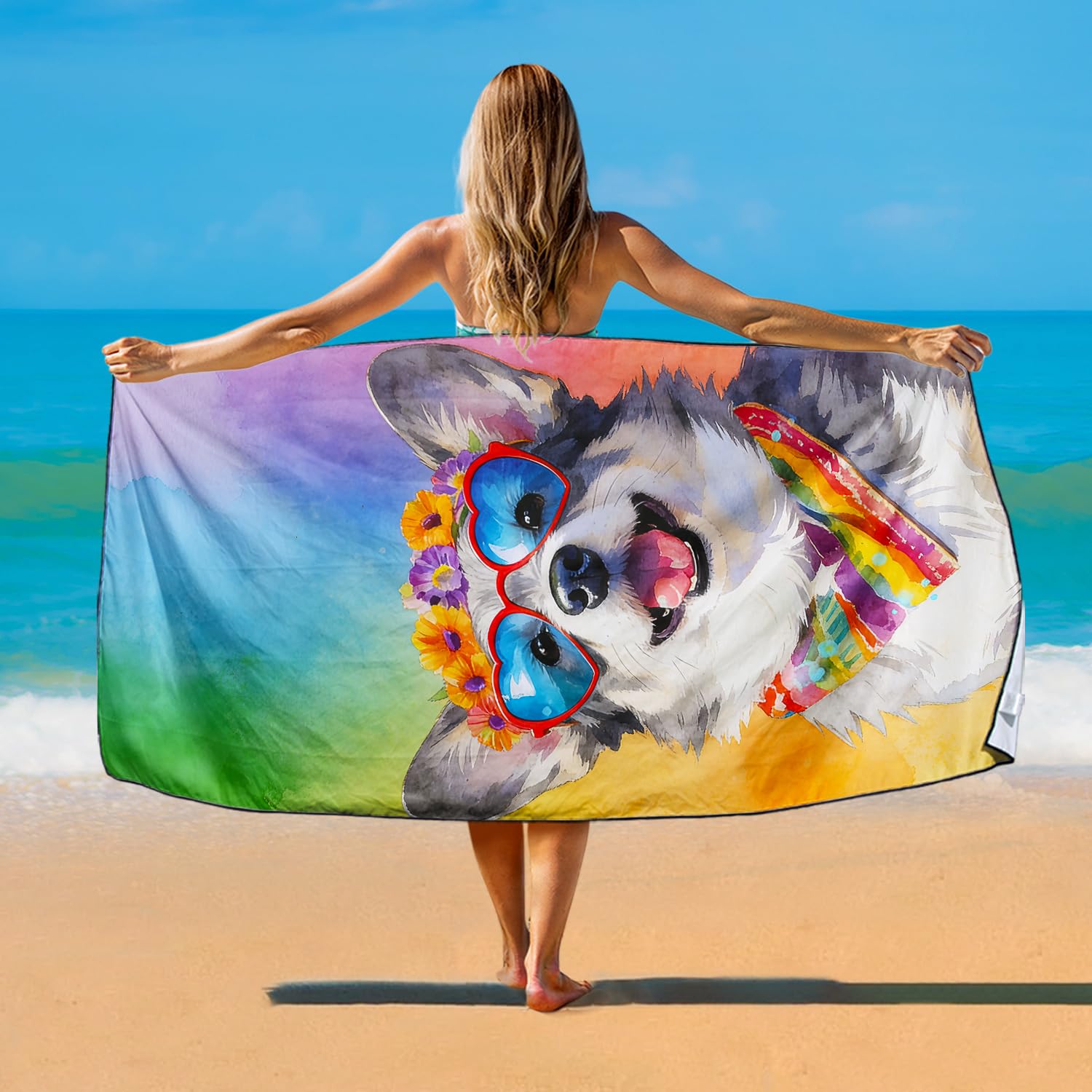 Violetpos Heart Sunglasses Corgi Beach Towel for Dog Lovers, Extra Large 180x90 cm 250GSM Microfibre, Sand Free Quick Dry