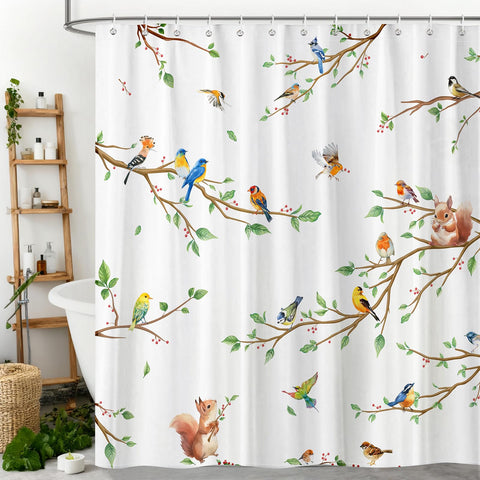 Arquiel Bird Branch Shower Curtain Sets, Waterproof Polyester Squirrel Fabric Shower Curtains with 12 Hooks for Bathroom Home Decoration