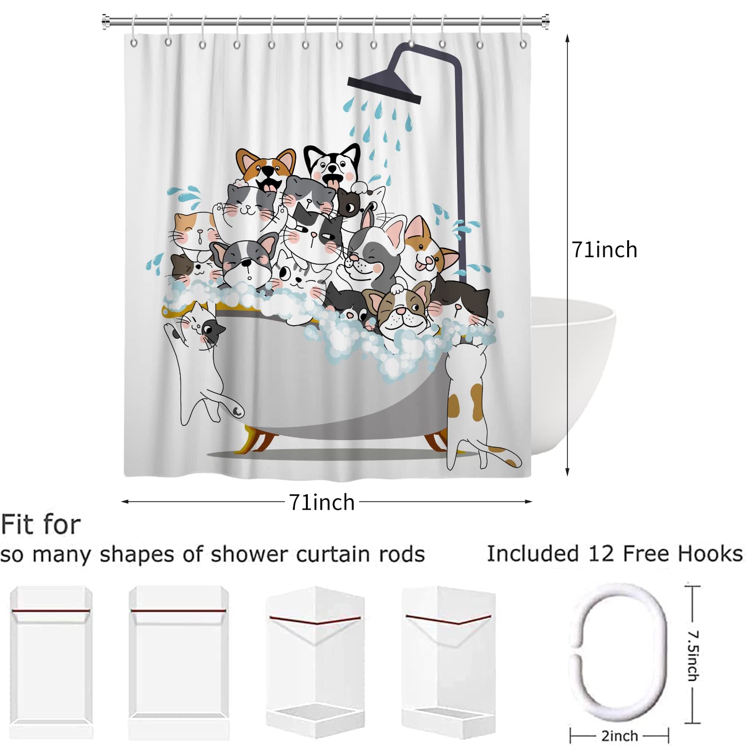 Hnmdmyi Funny Shower Curtain 180x180, Cartoon Animal Cat and Dog Kids Shower Curtains Colorful Lovely Hilarious Pets Bathroom Curtains Waterproof