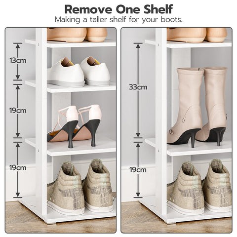HOOBRO Shoe Rack Wooden, White Shoe Shelf, Tall, Narrow Shoe Storage Organizer with 2 Hooks, Vertical Shoe Tower for Entrance, Living Room, Hallway