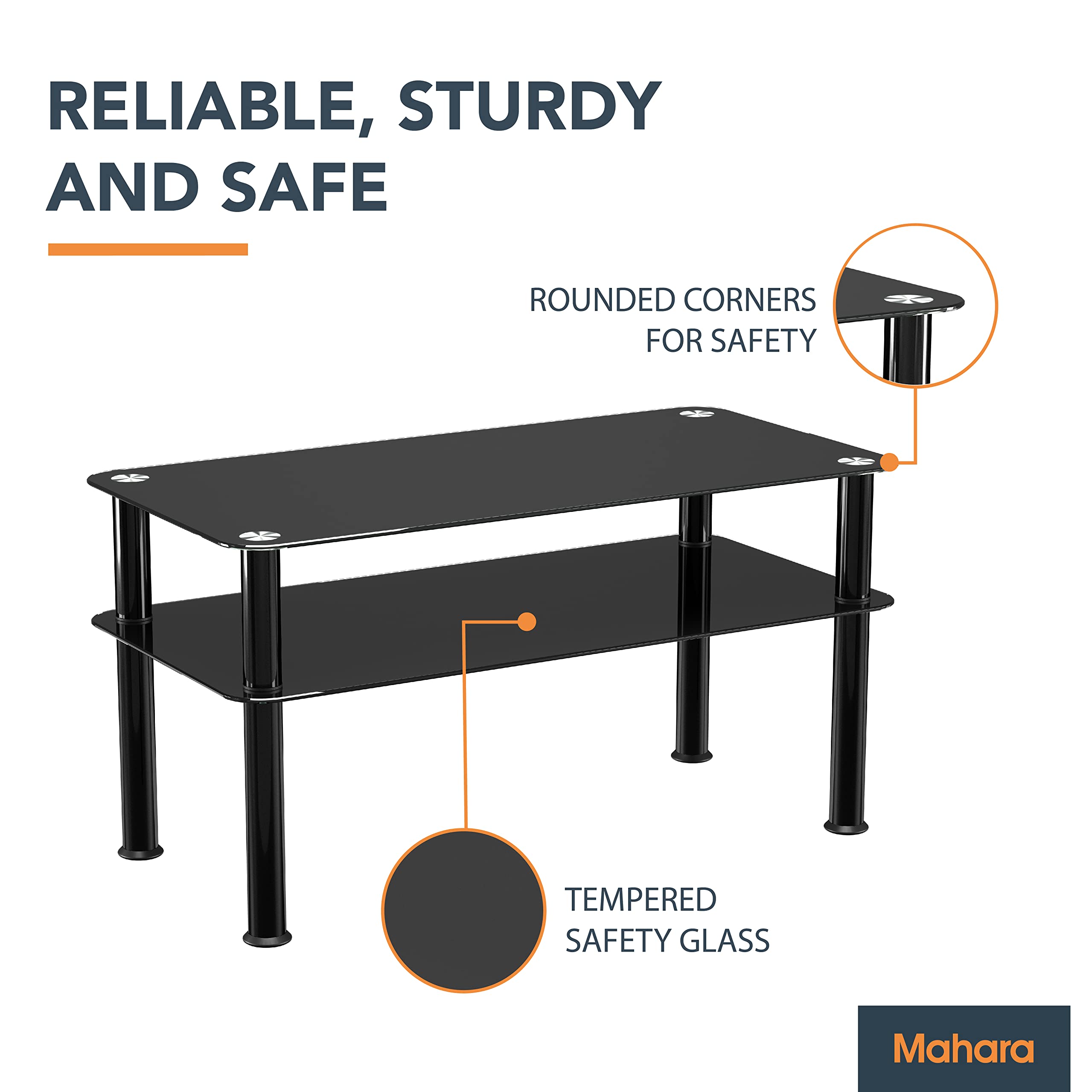 mahara Black Glass Coffee Table - Slimline side table with shelf and black aluminium legs - Small table W80cm x D40cm x H41.5cm