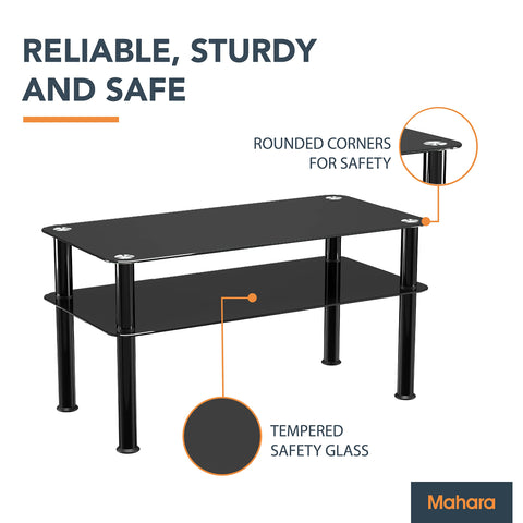 mahara Black Glass Coffee Table - Slimline side table with shelf and black aluminium legs - Small table W80cm x D40cm x H41.5cm