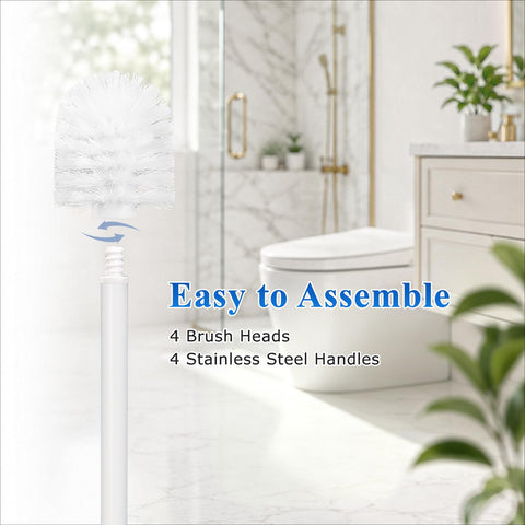 Toilet Brush, 4PCS Toilet Brushes with Stainless Steel Handle, Standing Stainless Steel Toilet Brushes for Bathroom Toilet-Ergonomic, Elegant,Durable